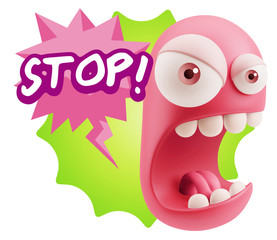 3d Rendering Angry Character Emoji saying Stop with Colorful Spe