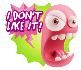 3d Rendering Angry Character Emoji saying I Don`t Like It with C