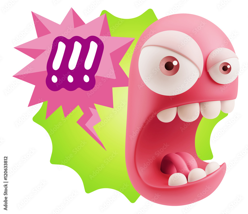 Poster 3d rendering angry character emoji saying !!! with colorful spee