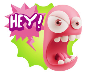 3d Rendering Angry Character Emoji saying Hey with Colorful Spee