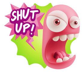 3d Rendering Angry Character Emoji saying Shut Up with Colorful