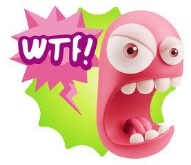 3d Rendering Angry Character Emoji saying WTF with Colorful Spee