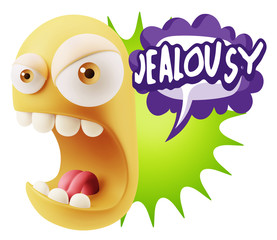 3d Rendering Angry Character Emoji saying Jealousy with Colorful