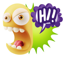 3d Rendering Angry Character Emoji saying Hi with Colorful Speec