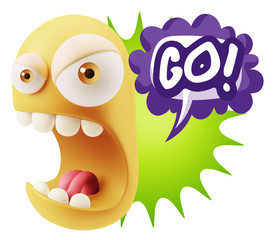 3d Rendering Angry Character Emoji saying Go with Colorful Speec