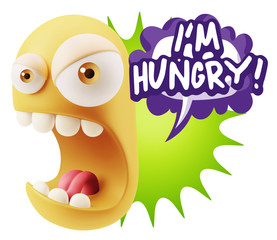 3d Rendering Angry Character Emoji saying I'm Hungry with Colorf