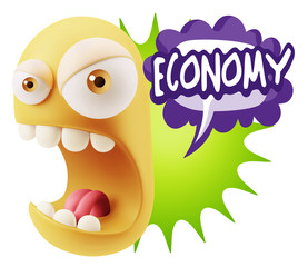 3d Rendering Angry Character Emoji saying Economy with Colorful