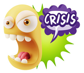 3d Rendering Angry Character Emoji saying Crisis with Colorful S