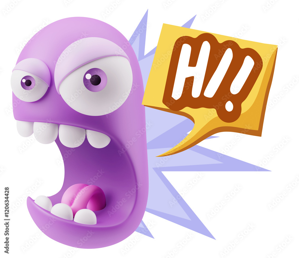 Poster 3d rendering angry character emoji saying hi with colorful speec