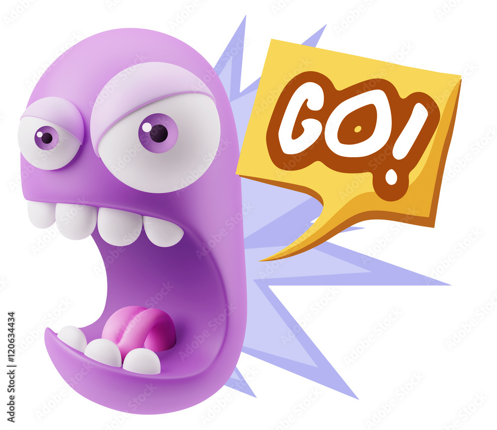 Poster 3d rendering angry character emoji saying go with colorful speec
