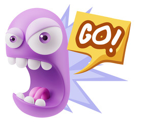 3d Rendering Angry Character Emoji saying Go with Colorful Speec
