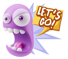 3d Rendering Angry Character Emoji saying Let's Go with Colorful