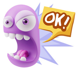 3d Rendering Angry Character Emoji saying OK with Colorful Speec