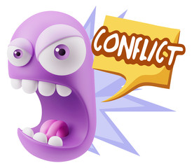 3d Rendering Angry Character Emoji saying Conflict with Colorful