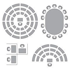 Business, education and government furniture symbols used in architecture plans icons set, top view, graphic design elements, grey isolated on white background, vector illustration.