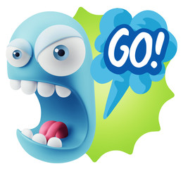 3d Rendering Angry Character Emoji saying Go with Colorful Speec