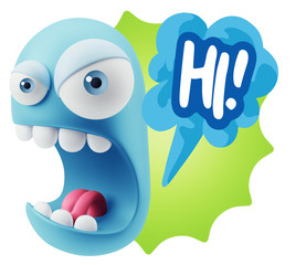 3d Rendering Angry Character Emoji saying Hi with Colorful Speec