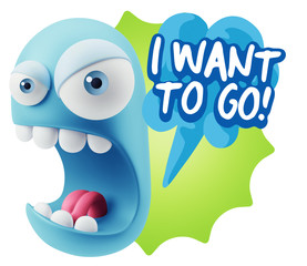 3d Rendering Angry Character Emoji saying I Want to Go with Colo