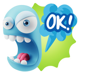 3d Rendering Angry Character Emoji saying OK with Colorful Speec