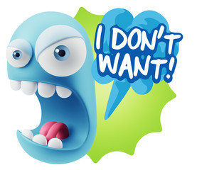 3d Rendering Angry Character Emoji saying I Don't Want with Colo