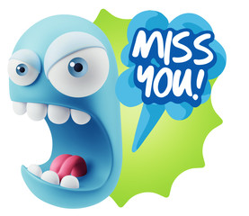3d Rendering Angry Character Emoji saying Miss You with Colorful