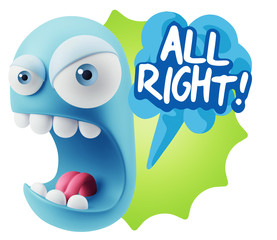 3d Rendering Angry Character Emoji saying All Right with Colorfu