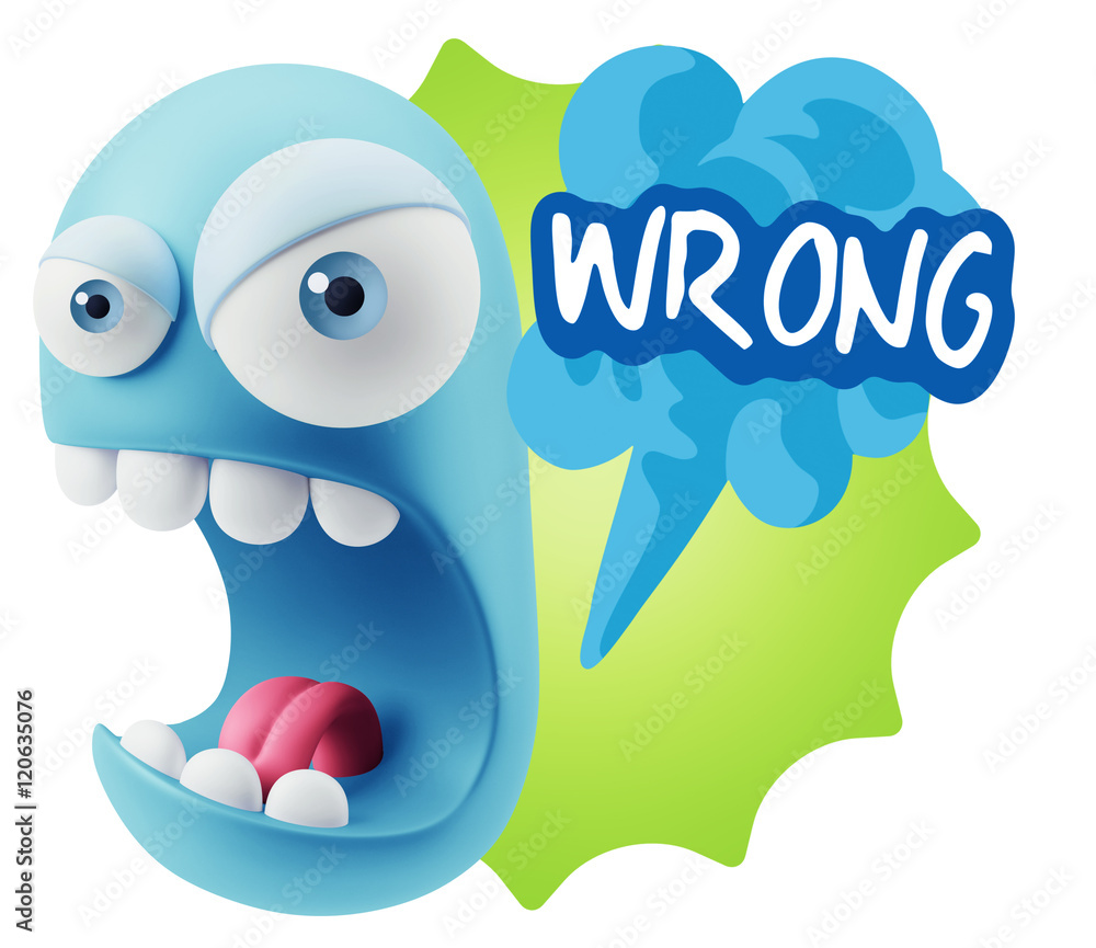 Poster 3d rendering angry character emoji saying wrong with colorful sp