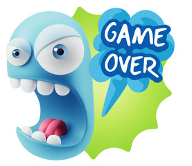 3d Rendering Angry Character Emoji saying Game Over with Colorfu