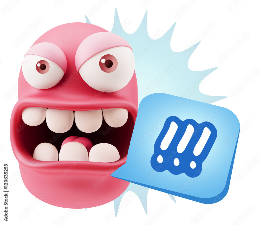 Poster 3d rendering angry character emoji saying !!! with colorful spee