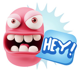 3d Rendering Angry Character Emoji saying Hey with Colorful Spee