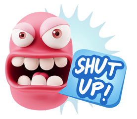 3d Rendering Angry Character Emoji saying Shut Up with Colorful