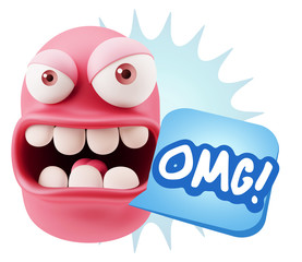 3d Rendering Angry Character Emoji saying OMG with Colorful Spee