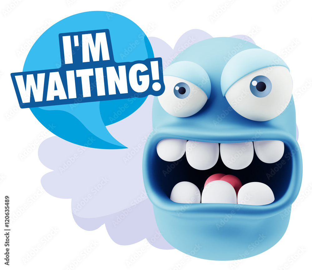 Poster 3d rendering angry character emoji saying i'm waiting with color