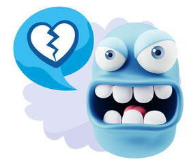 3d Rendering Angry Character Emoji saying Heart Broken Icon with