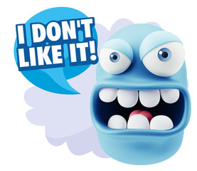 3d Rendering Angry Character Emoji saying I Don`t Like It with C