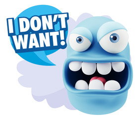3d Rendering Angry Character Emoji saying I Don't Want with Colo