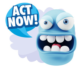 3d Rendering Angry Character Emoji saying Act Now with Colorful
