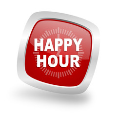 happy hour square red glossy chrome silver metallic web icon