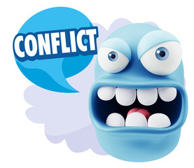 3d Rendering Angry Character Emoji saying Conflict with Colorful