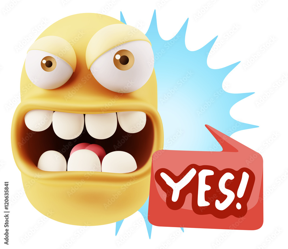 Poster 3d rendering angry character emoji saying yes with colorful spee