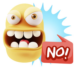 3d Rendering Angry Character Emoji saying No with Colorful Speec