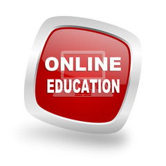 online education square red glossy chrome silver metallic web icon