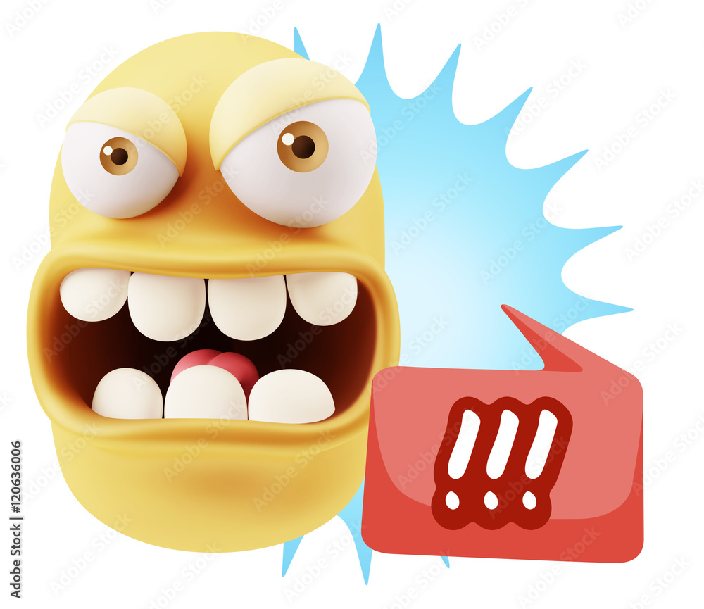 Poster 3d rendering angry character emoji saying !!! with colorful spee