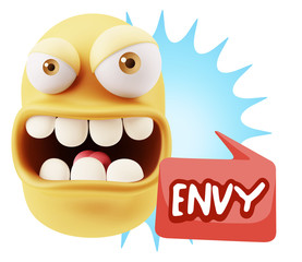 3d Rendering Angry Character Emoji saying Envy with Colorful Spe