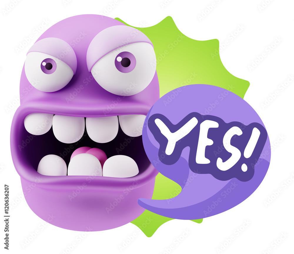 Poster 3d rendering angry character emoji saying yes with colorful spee