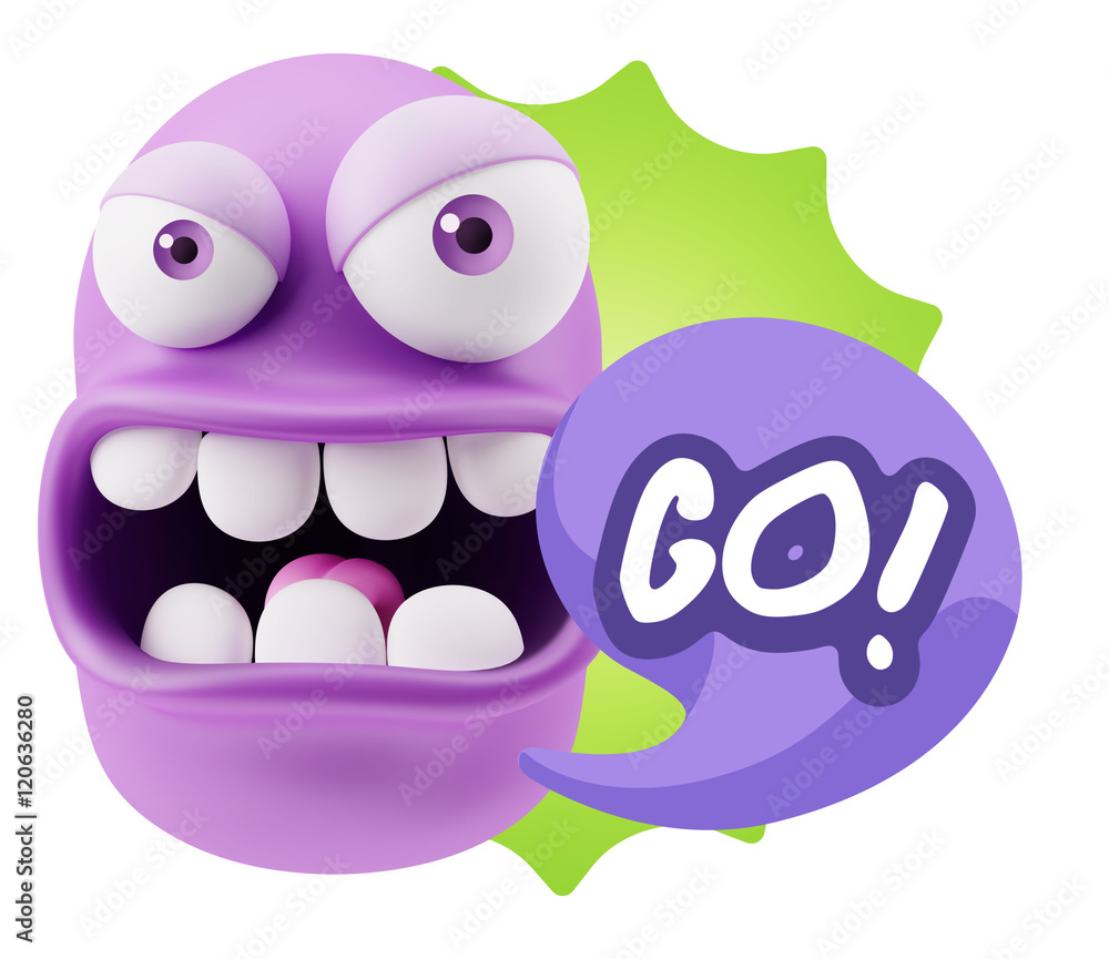 Poster 3d rendering angry character emoji saying go with colorful speec