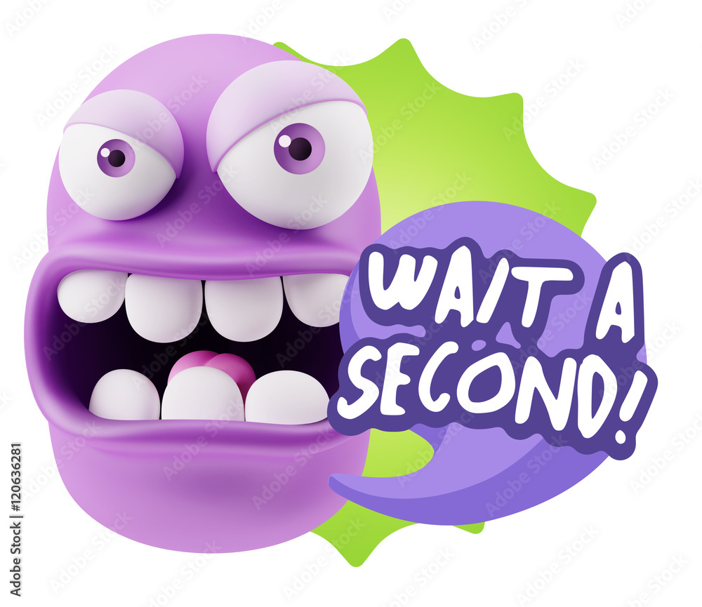 Poster 3d rendering angry character emoji saying wait a second with col