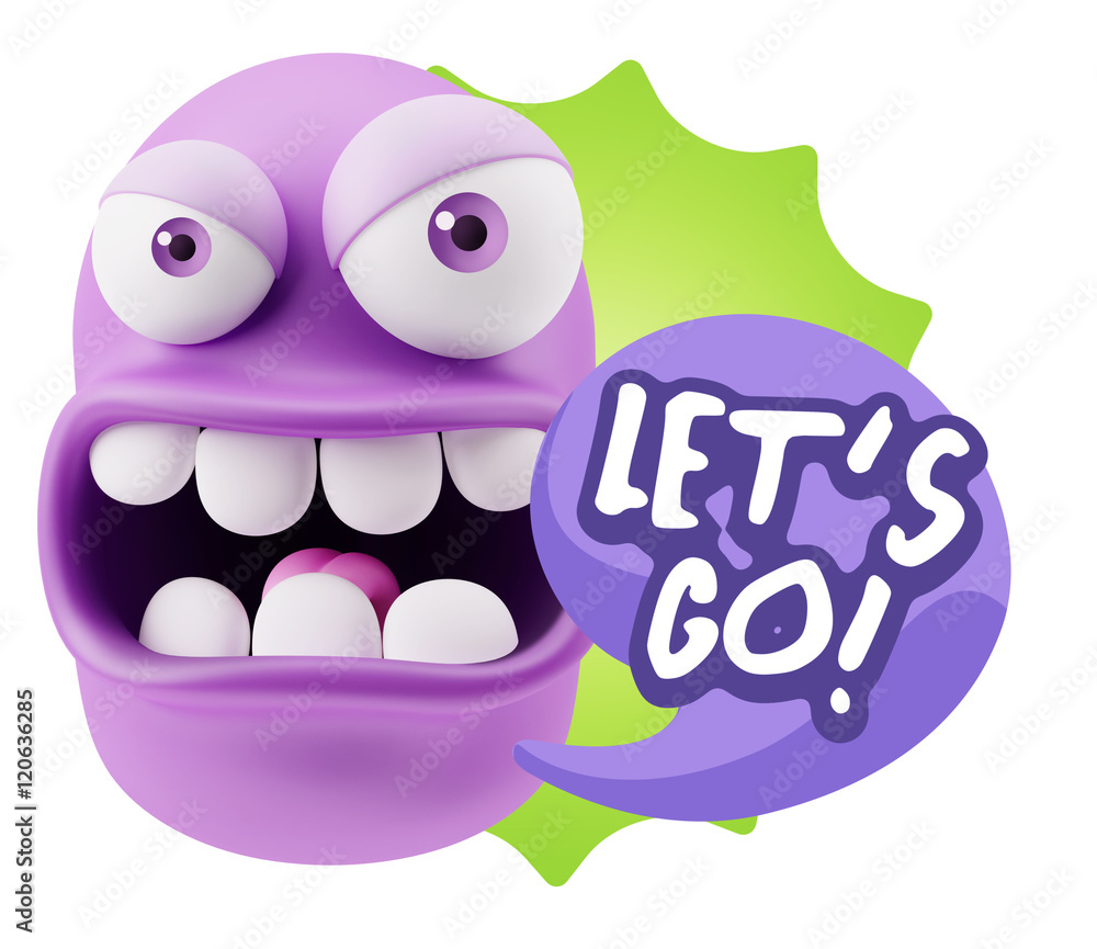 Poster 3d rendering angry character emoji saying let's go with colorful
