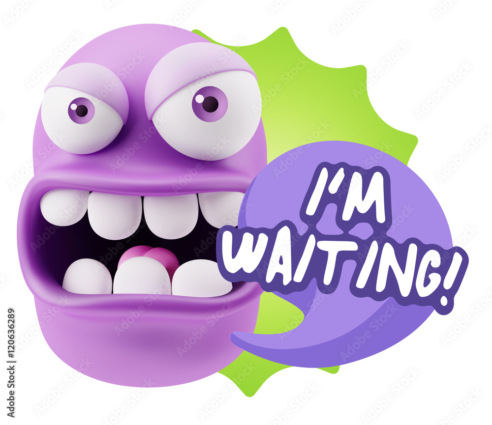Poster 3d rendering angry character emoji saying i'm waiting with color