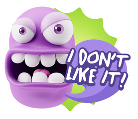 3d Rendering Angry Character Emoji saying I Don`t Like It with C